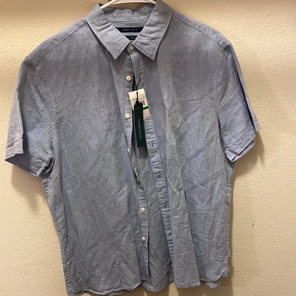 Men’s Short Sleeve Light Blue Perry Ellis Collared Shirt Size Large